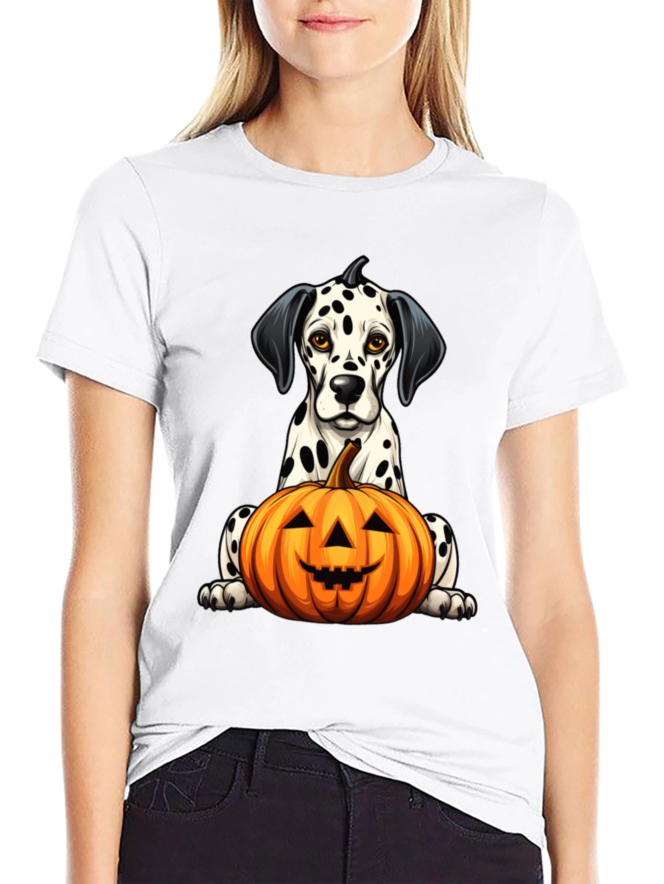 Halloween Dalmatian Dog with Pumpkin Black T-Shirt
