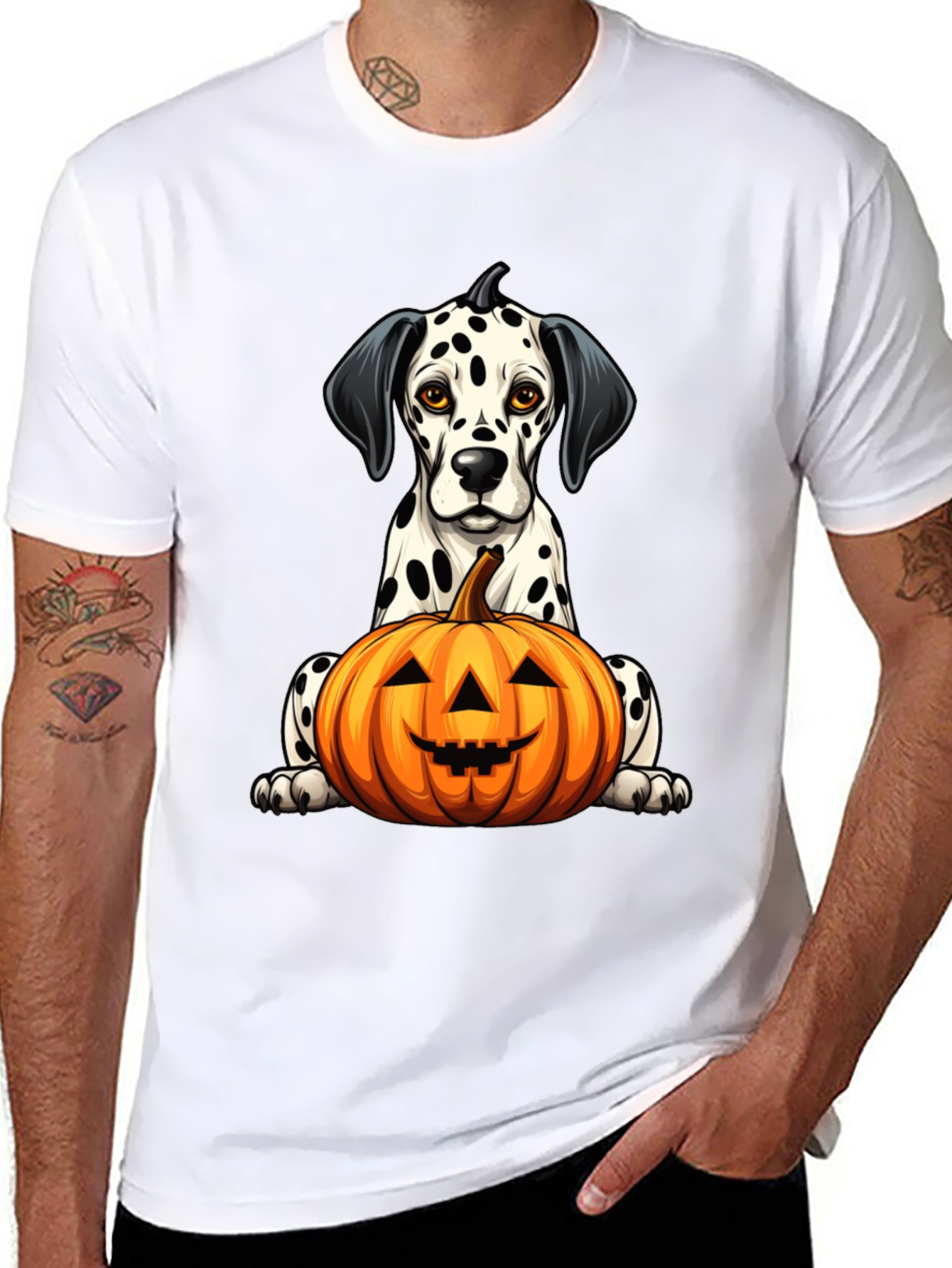 Halloween Dalmatian Dog with Pumpkin Black T-Shirt