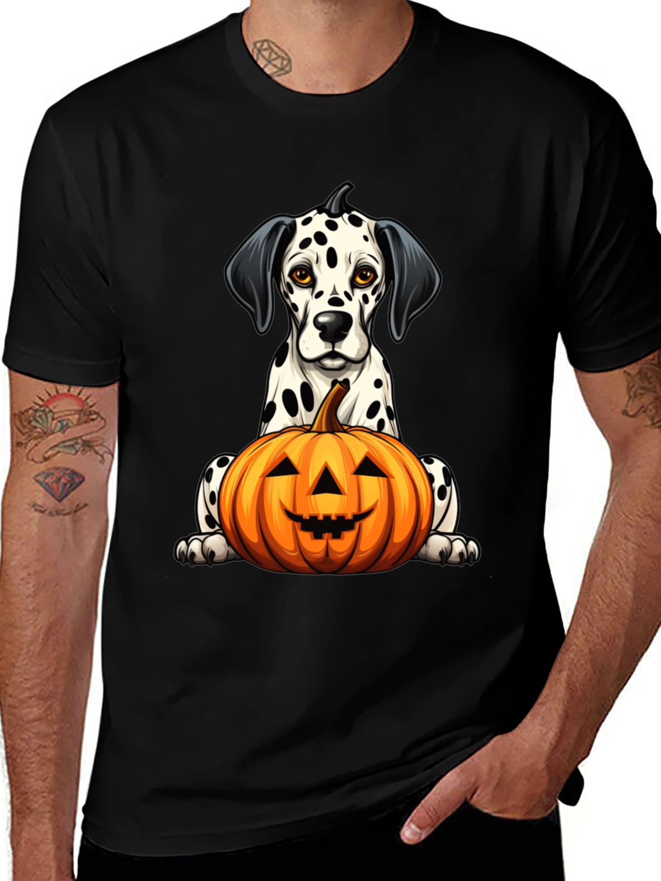 Halloween Dalmatian Dog with Pumpkin Black T-Shirt