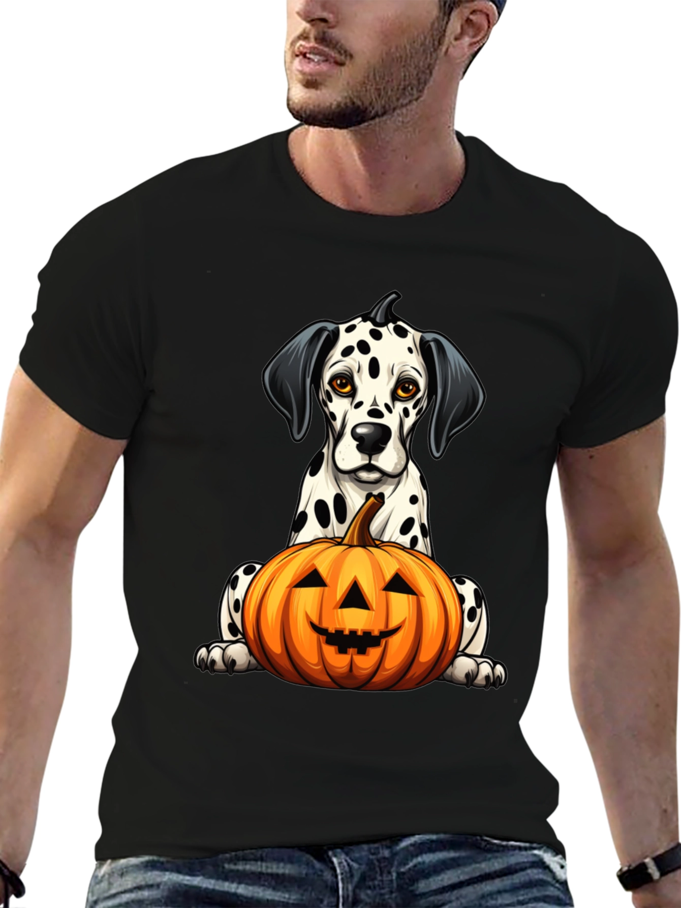 Halloween Dalmatian Dog with Pumpkin Black T-Shirt
