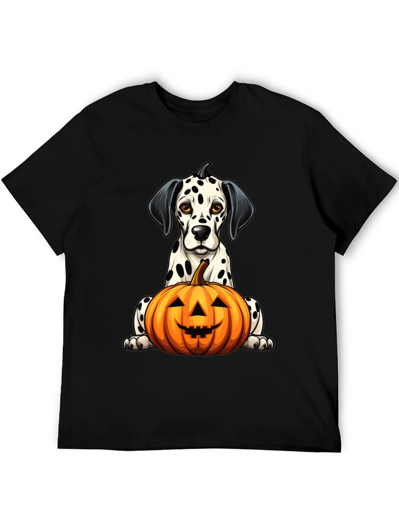 Halloween Dalmatian Dog with Pumpkin Black T-Shirt
