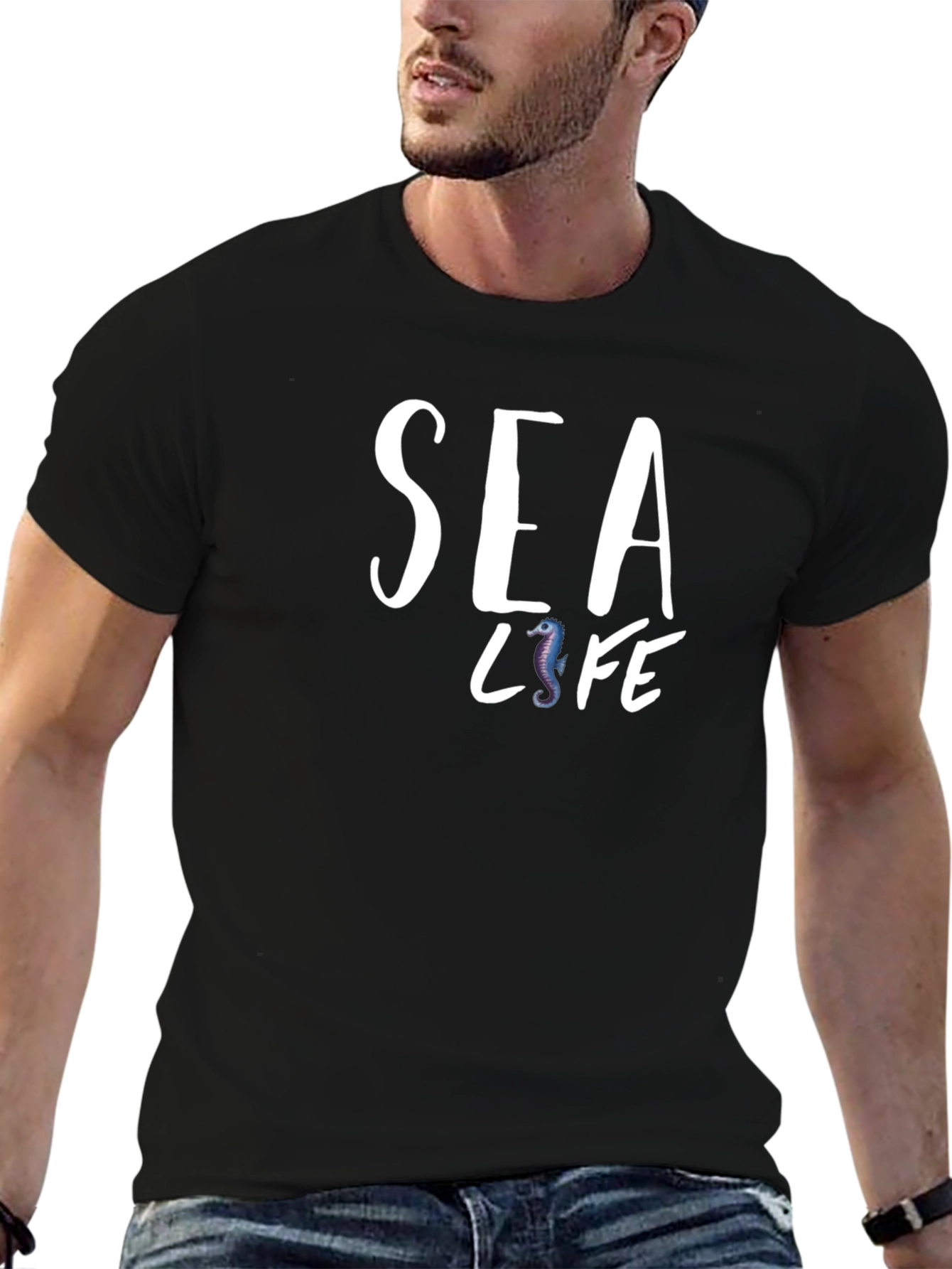 Sea Life Graphic Print Black T-Shirt