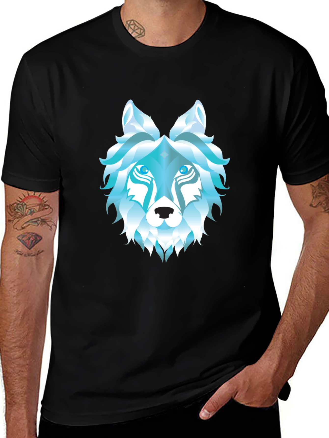 Geometric Wolf Head Graphic Black T-Shirt