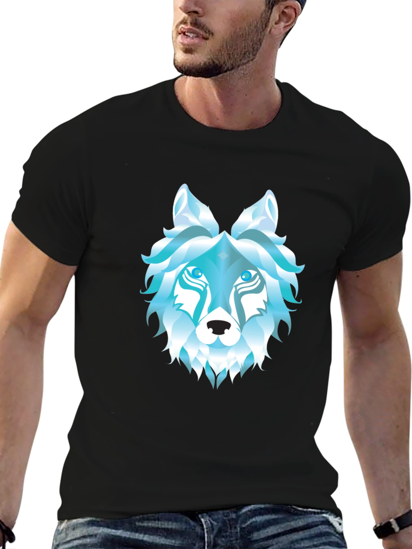 Geometric Wolf Head Graphic Black T-Shirt