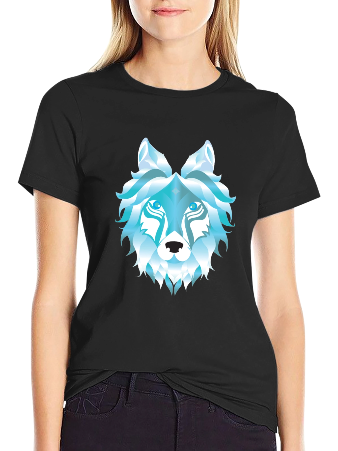 Geometric Wolf Head Graphic Black T-Shirt