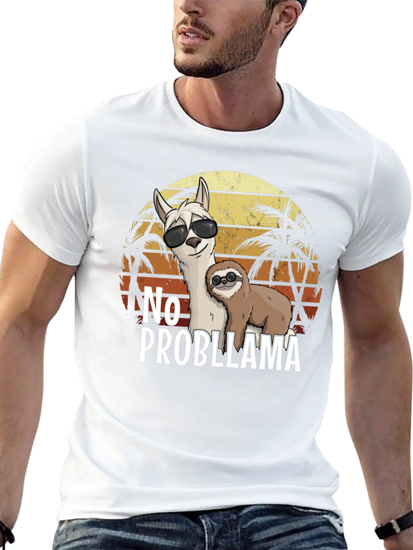 No Probllama T-Shirt - Tropical Sloth & Llama Tee