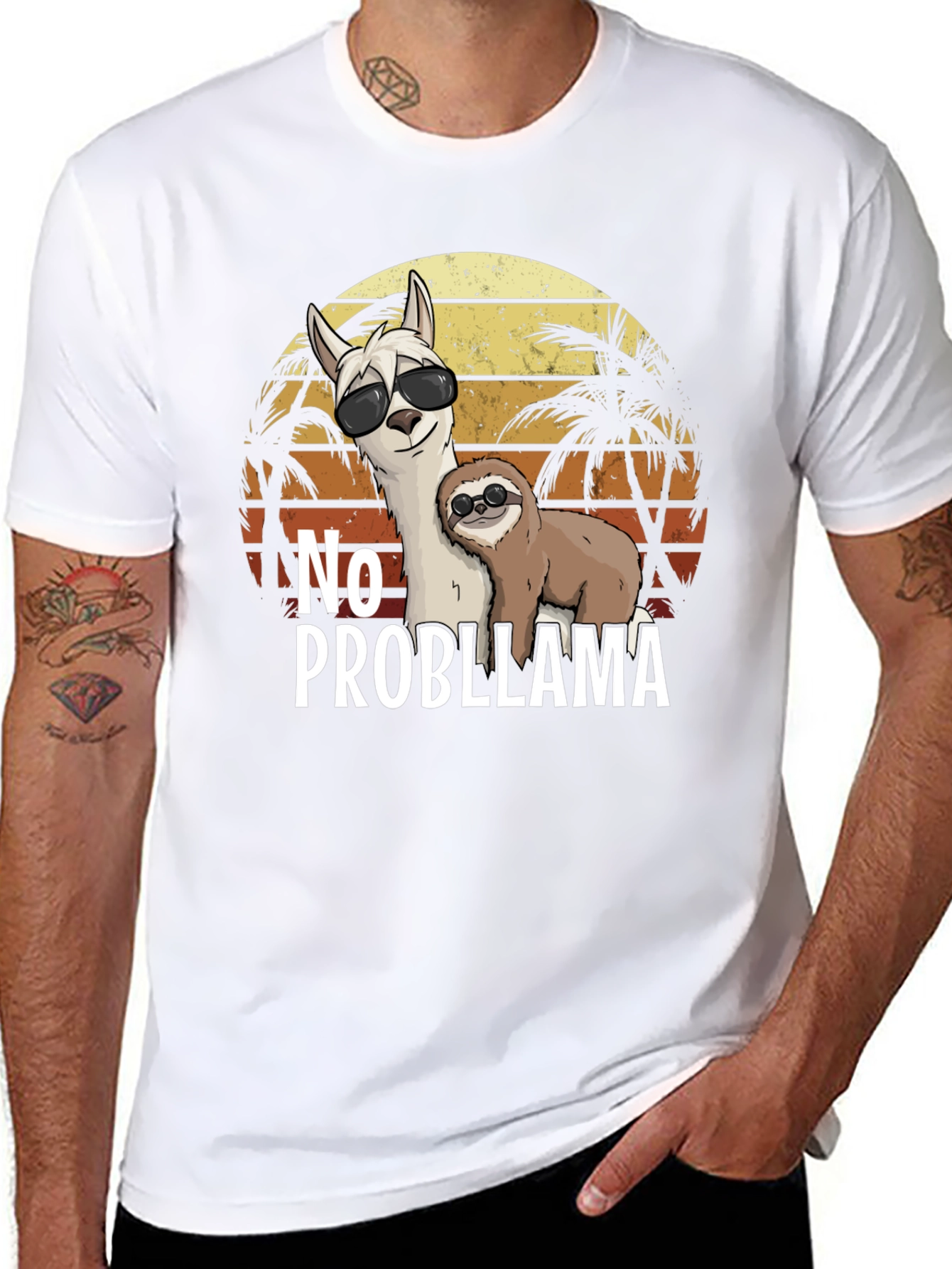 No Probllama T-Shirt - Tropical Sloth & Llama Tee