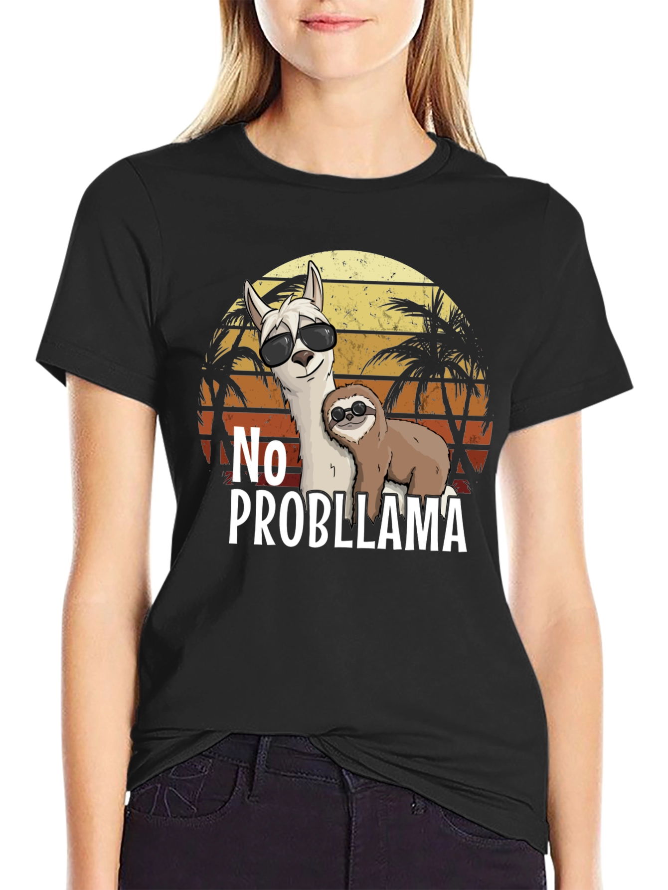 No Probllama T-Shirt - Tropical Sloth & Llama Tee