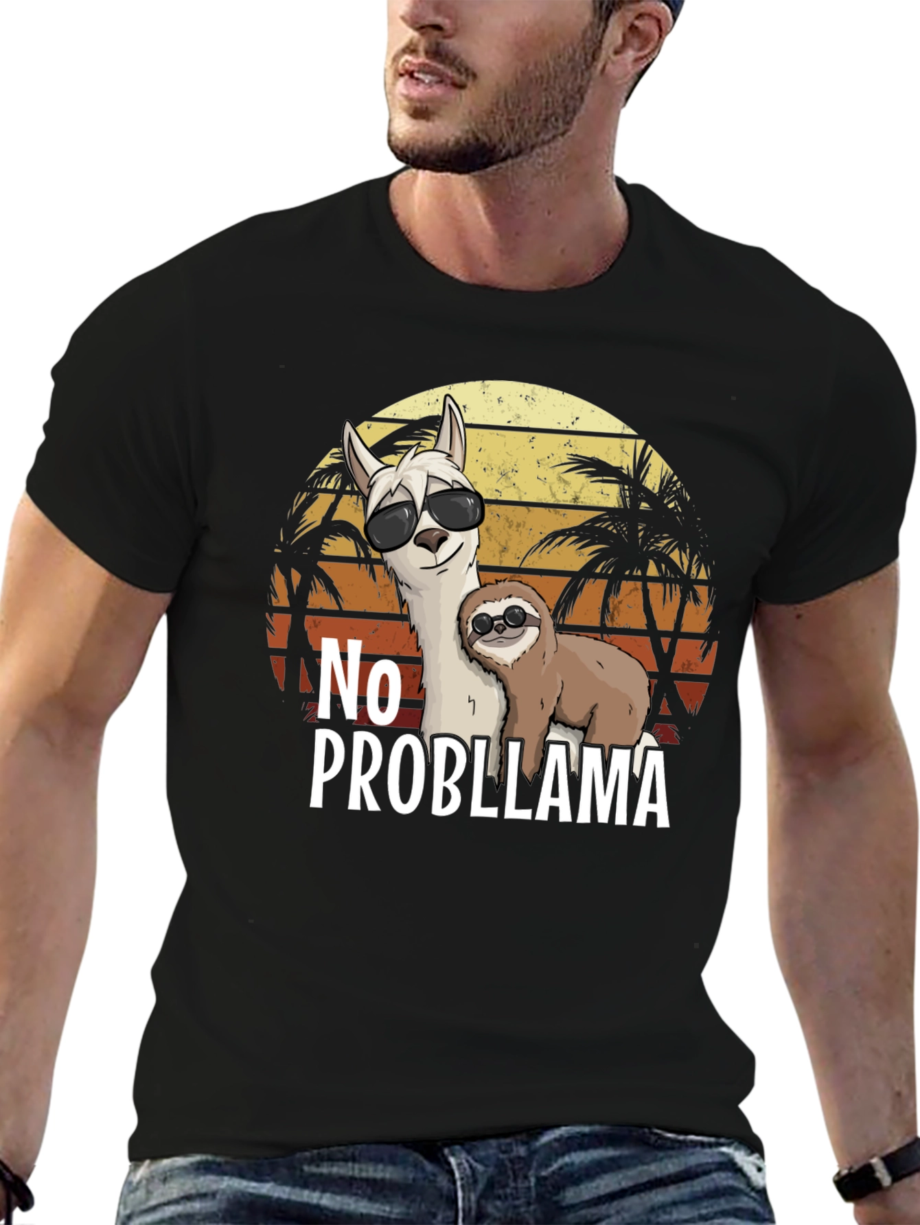No Probllama T-Shirt - Tropical Sloth & Llama Tee