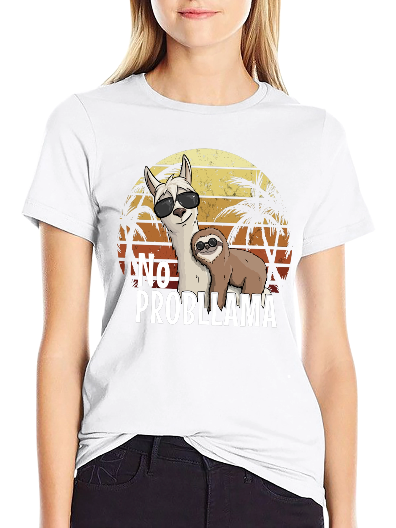 No Probllama T-Shirt - Tropical Sloth & Llama Tee