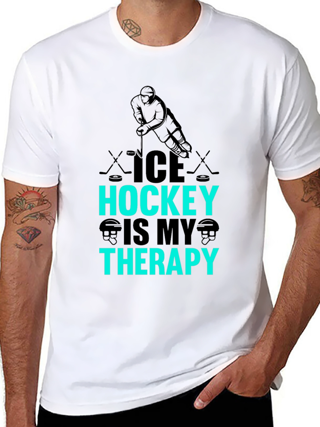 Ice Hockey Is My Therapy Black Graphic T-Shirt