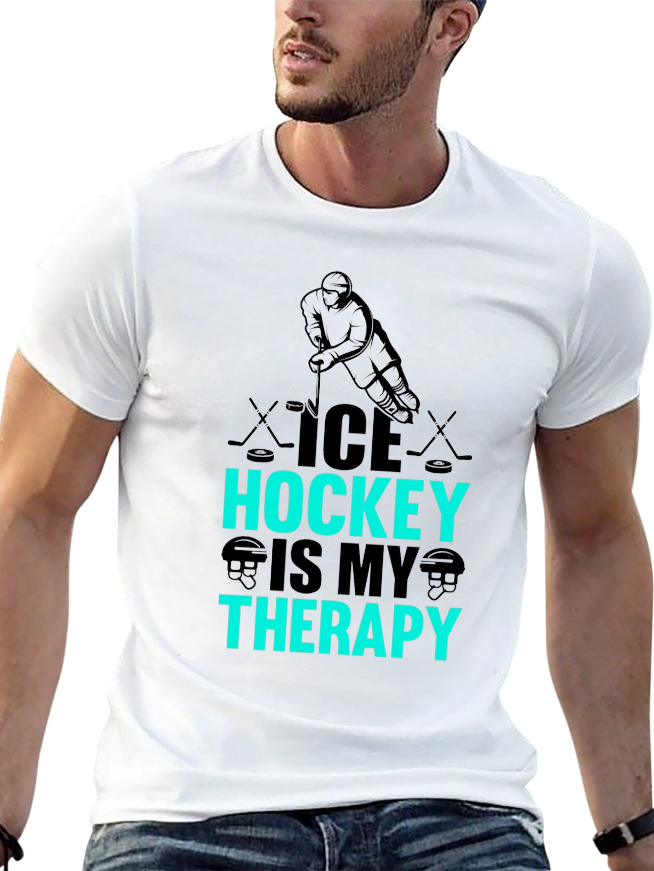 Ice Hockey Is My Therapy Black Graphic T-Shirt
