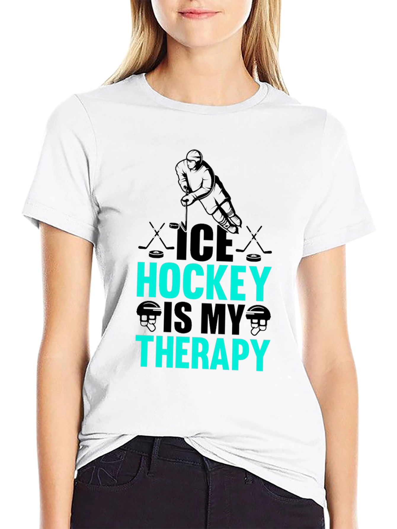 Ice Hockey Is My Therapy Black Graphic T-Shirt