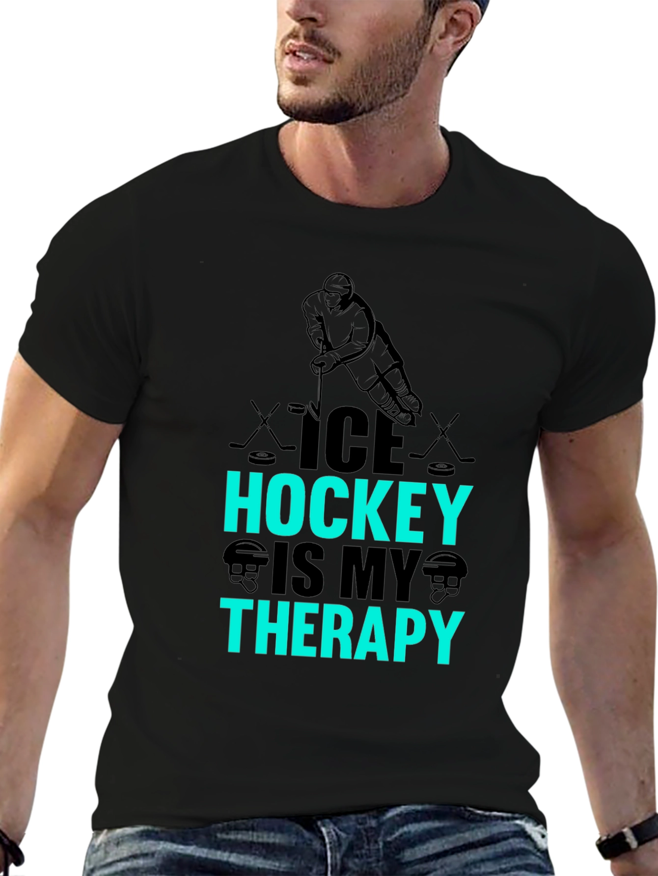 Ice Hockey Is My Therapy Black Graphic T-Shirt