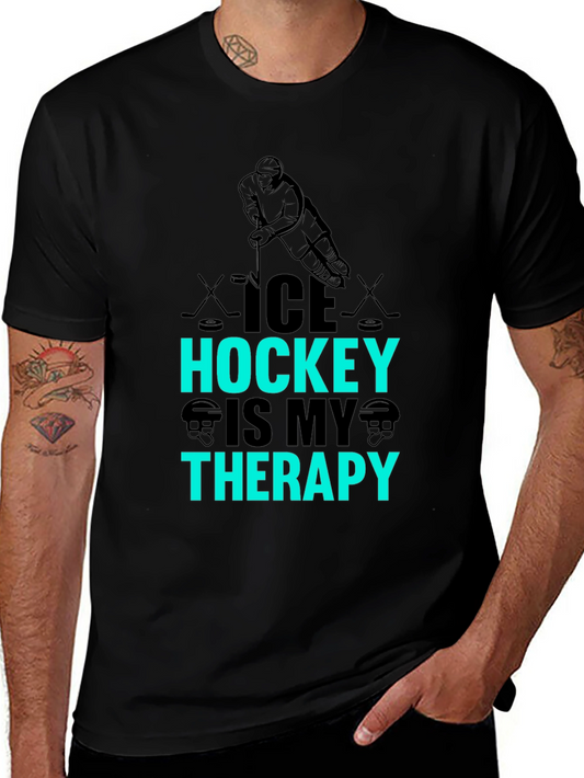 Ice Hockey Is My Therapy Black Graphic T-Shirt