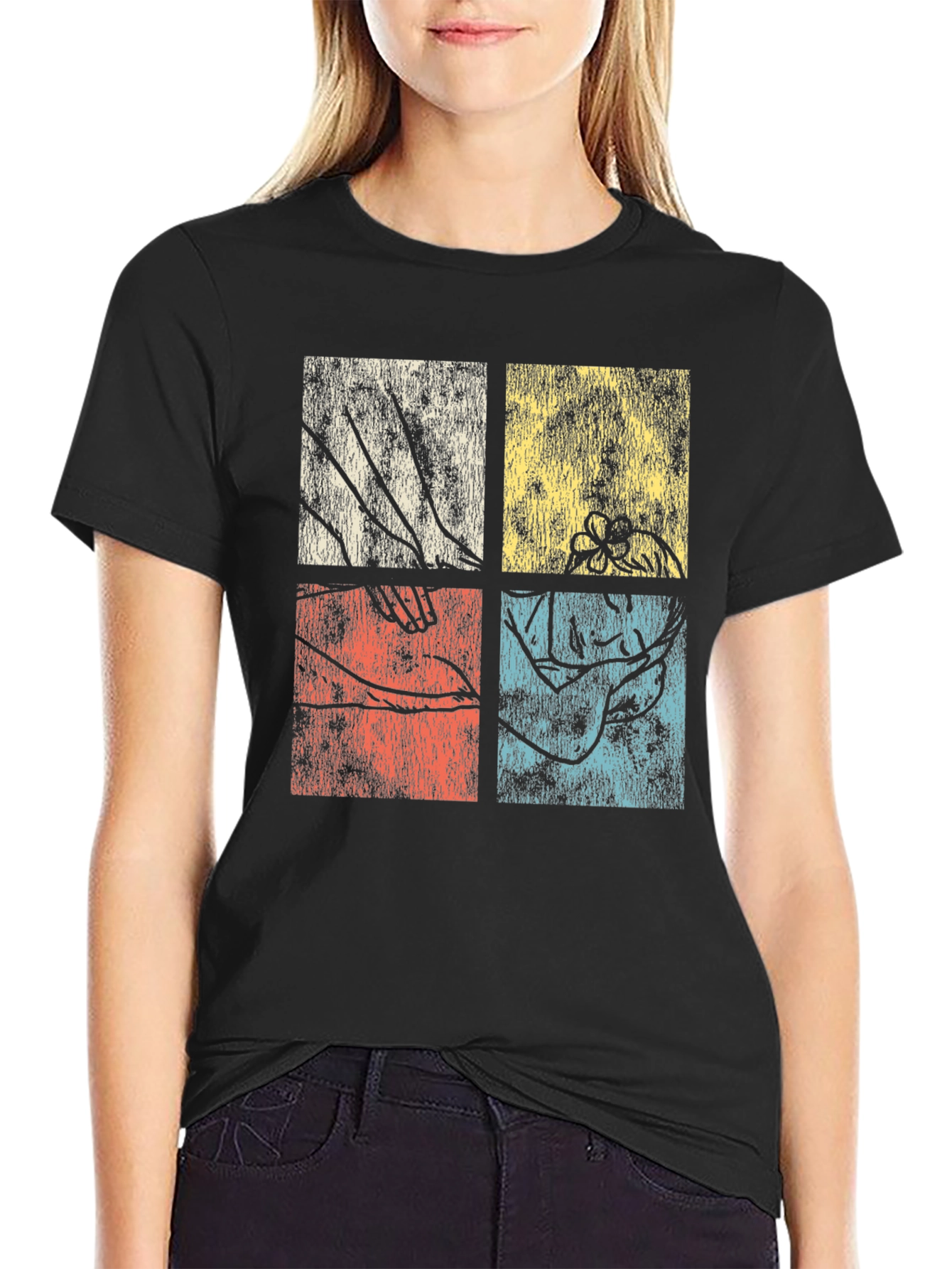 Retro Botanical Graphic Tee - Unique Four Panel Design