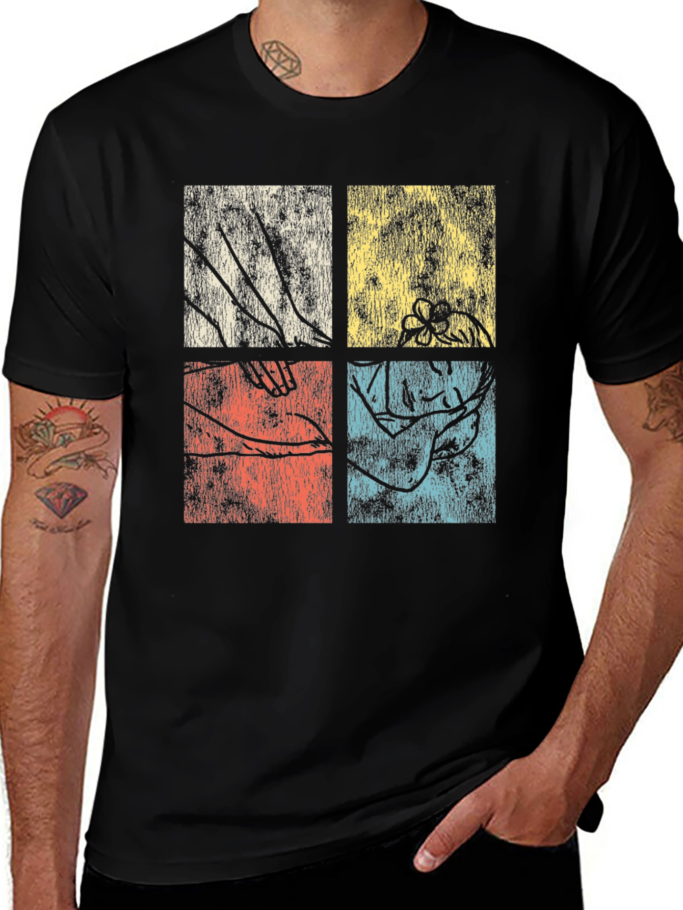 Retro Botanical Graphic Tee - Unique Four Panel Design