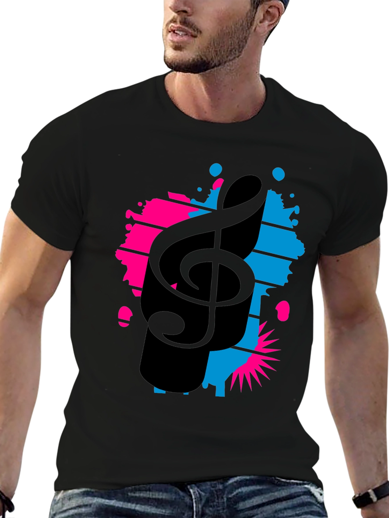 Stylish Music Note Graphic Tee - Black Cotton T-Shirt