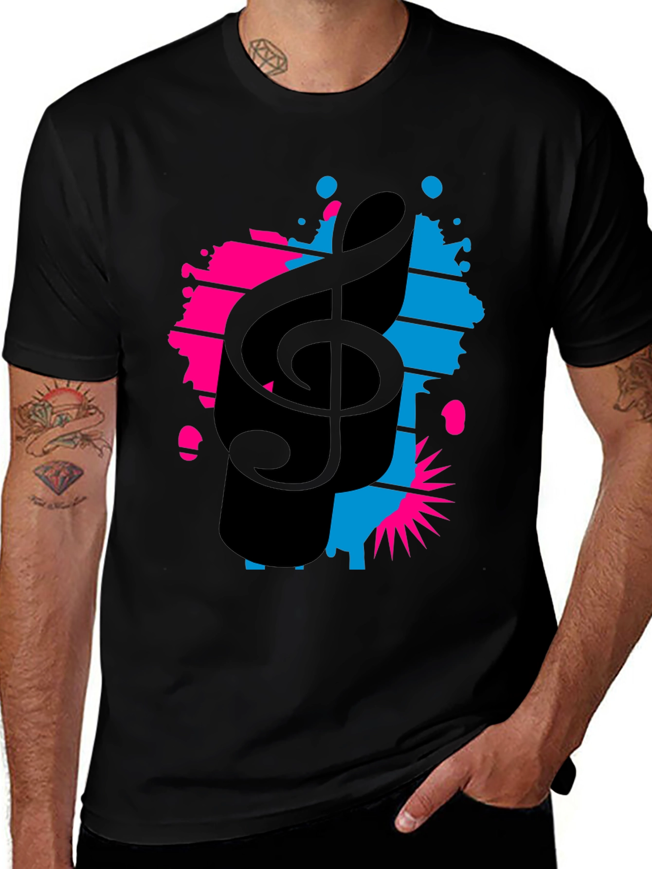 Stylish Music Note Graphic Tee - Black Cotton T-Shirt