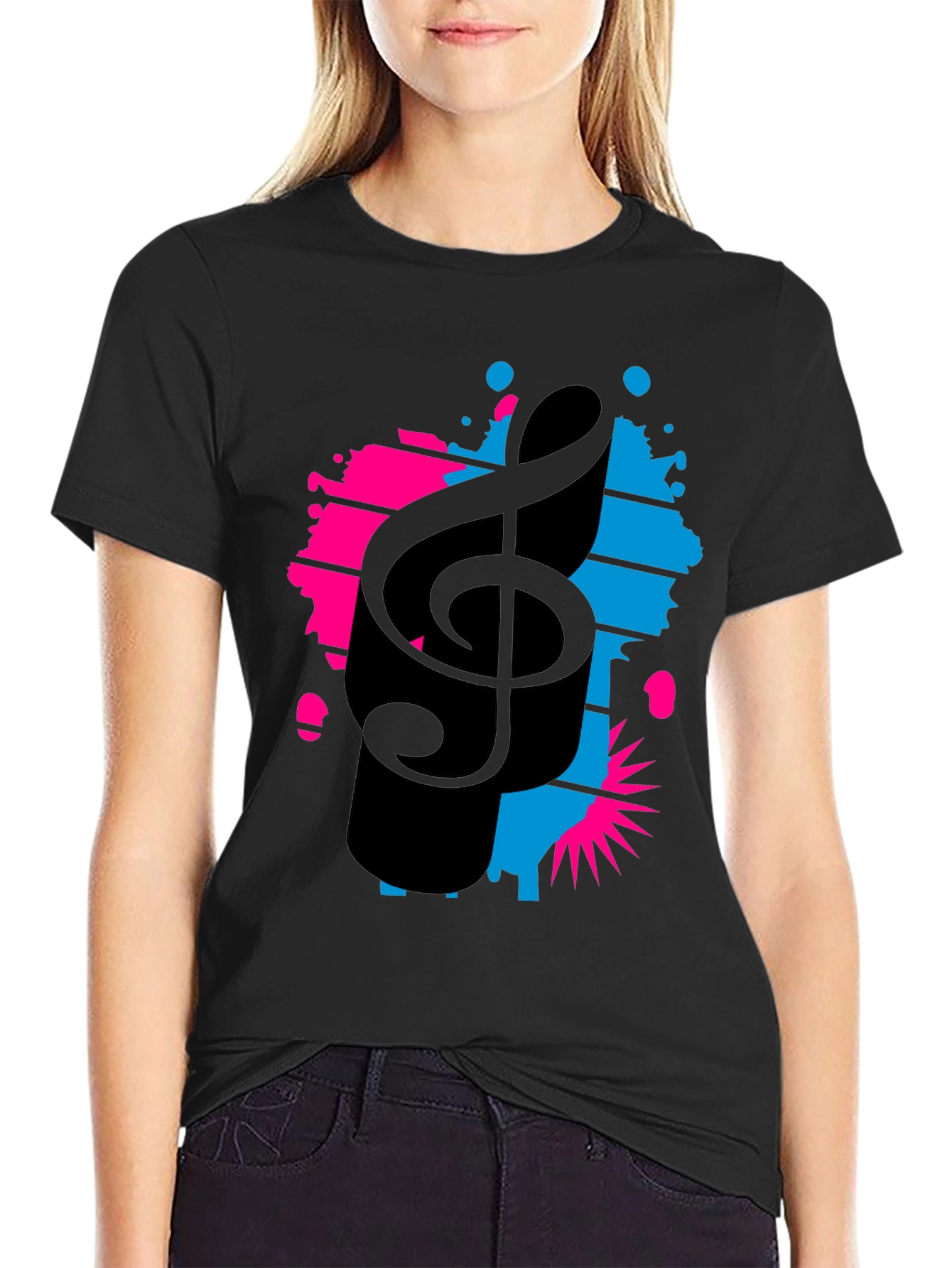 Stylish Music Note Graphic Tee - Black Cotton T-Shirt