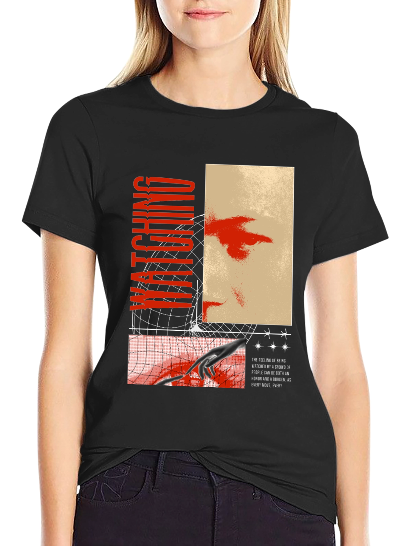 Watching Graphic Print Black T-Shirt