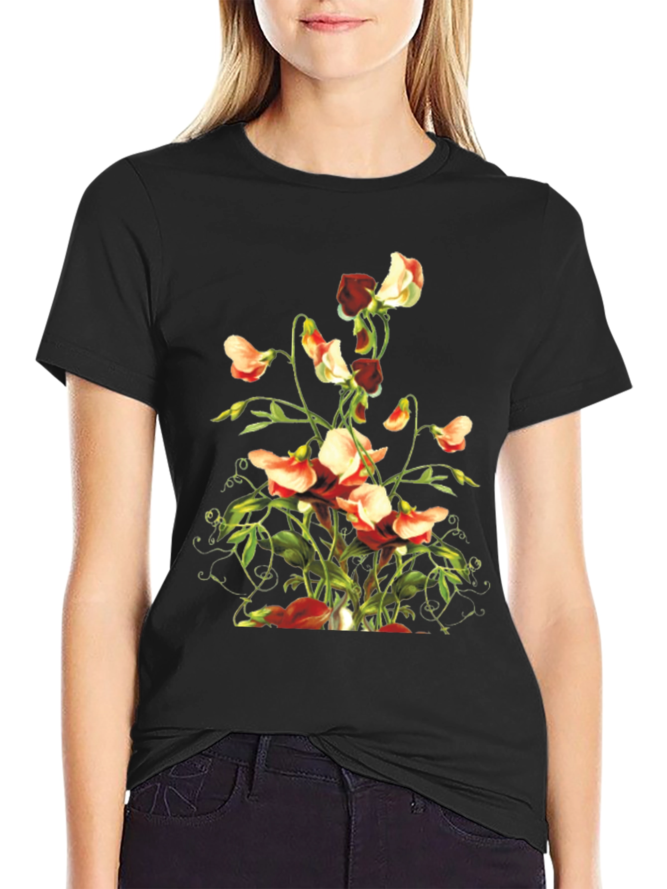 Floral Sweet Pea Graphic Tee - Black