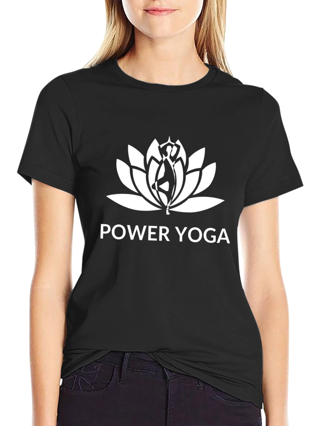 Power Yoga Lotus Design Black T-Shirt