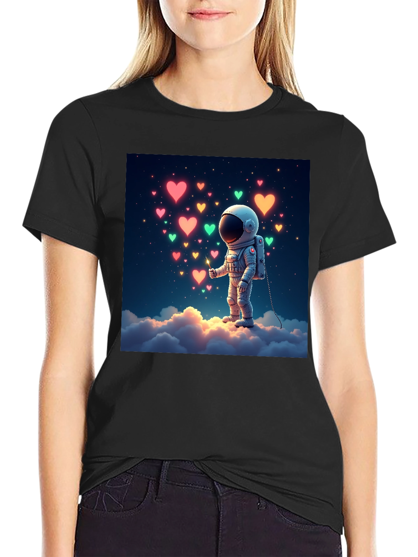 Astronaut Heart Cloud Graphic T-Shirt - Black