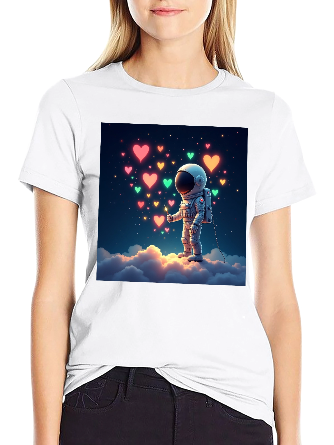 Astronaut Heart Cloud Graphic T-Shirt - Black