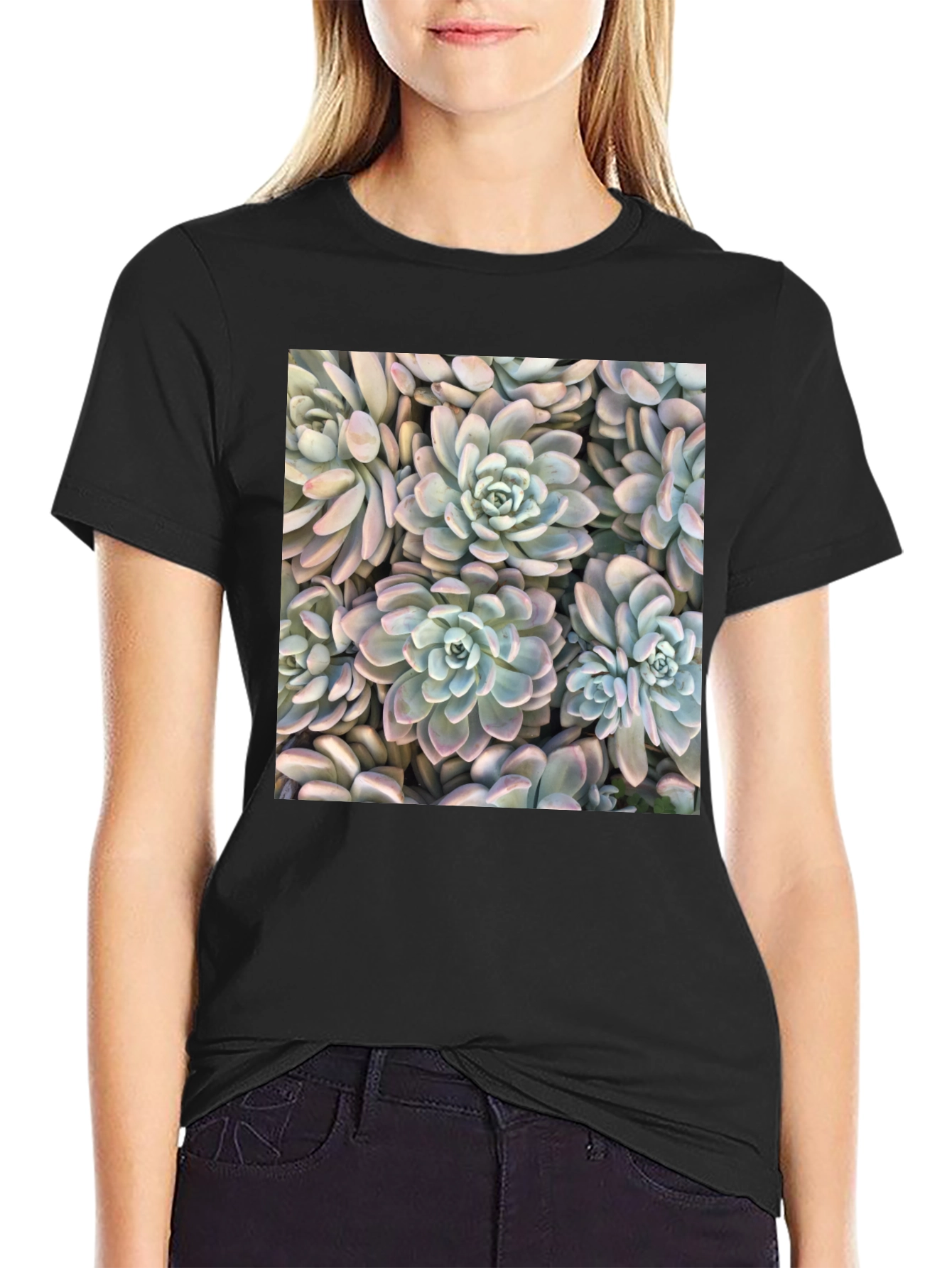 Succulent Print Black T-Shirt