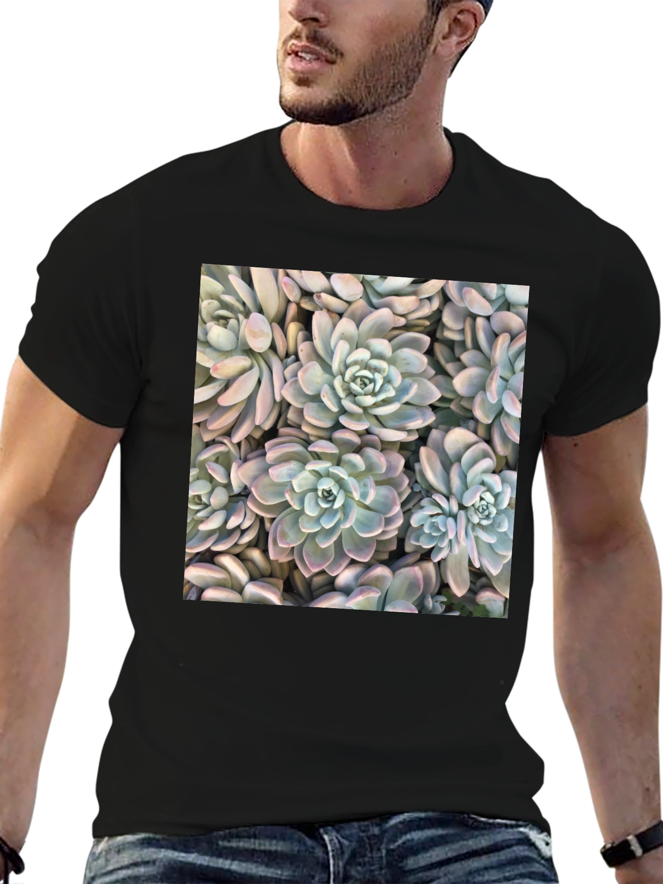 Succulent Print Black T-Shirt