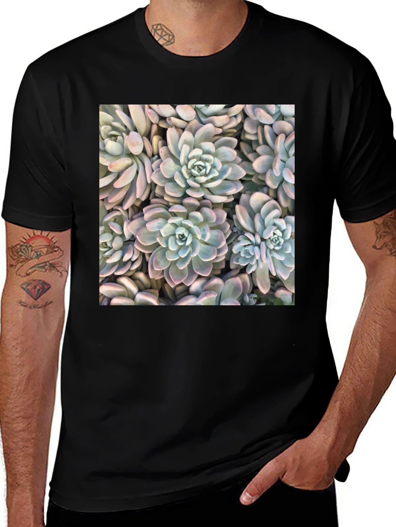 Succulent Print Black T-Shirt