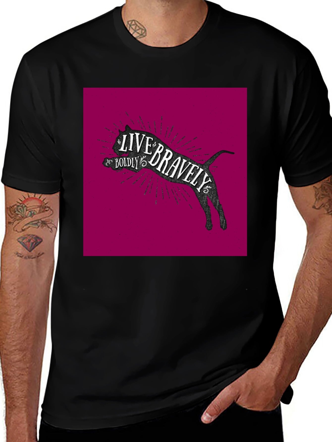 Live Bravely Cat Graphic Black T-Shirt