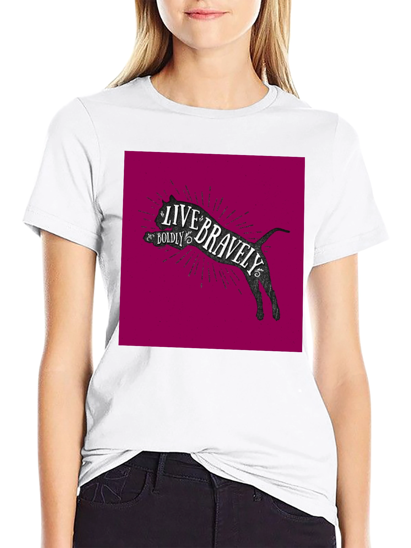 Live Bravely Cat Graphic Black T-Shirt