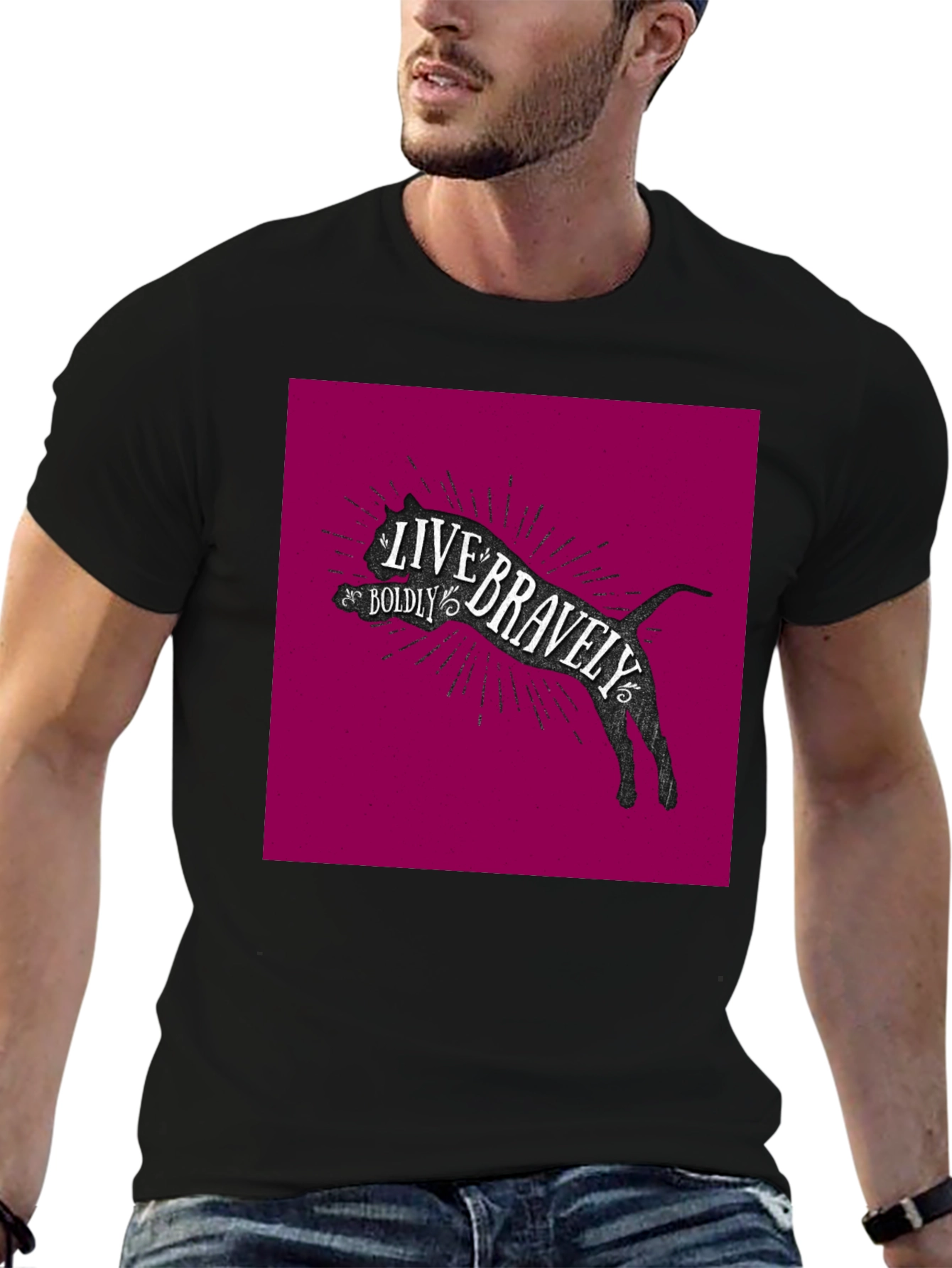 Live Bravely Cat Graphic Black T-Shirt