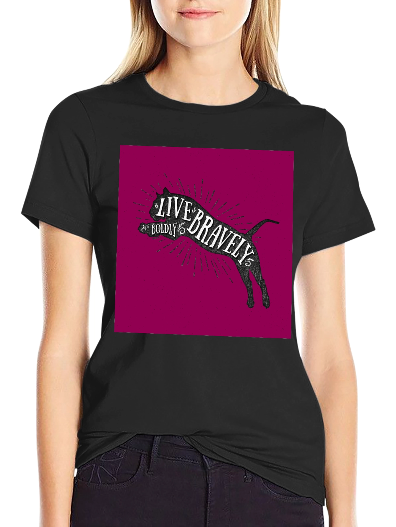Live Bravely Cat Graphic Black T-Shirt