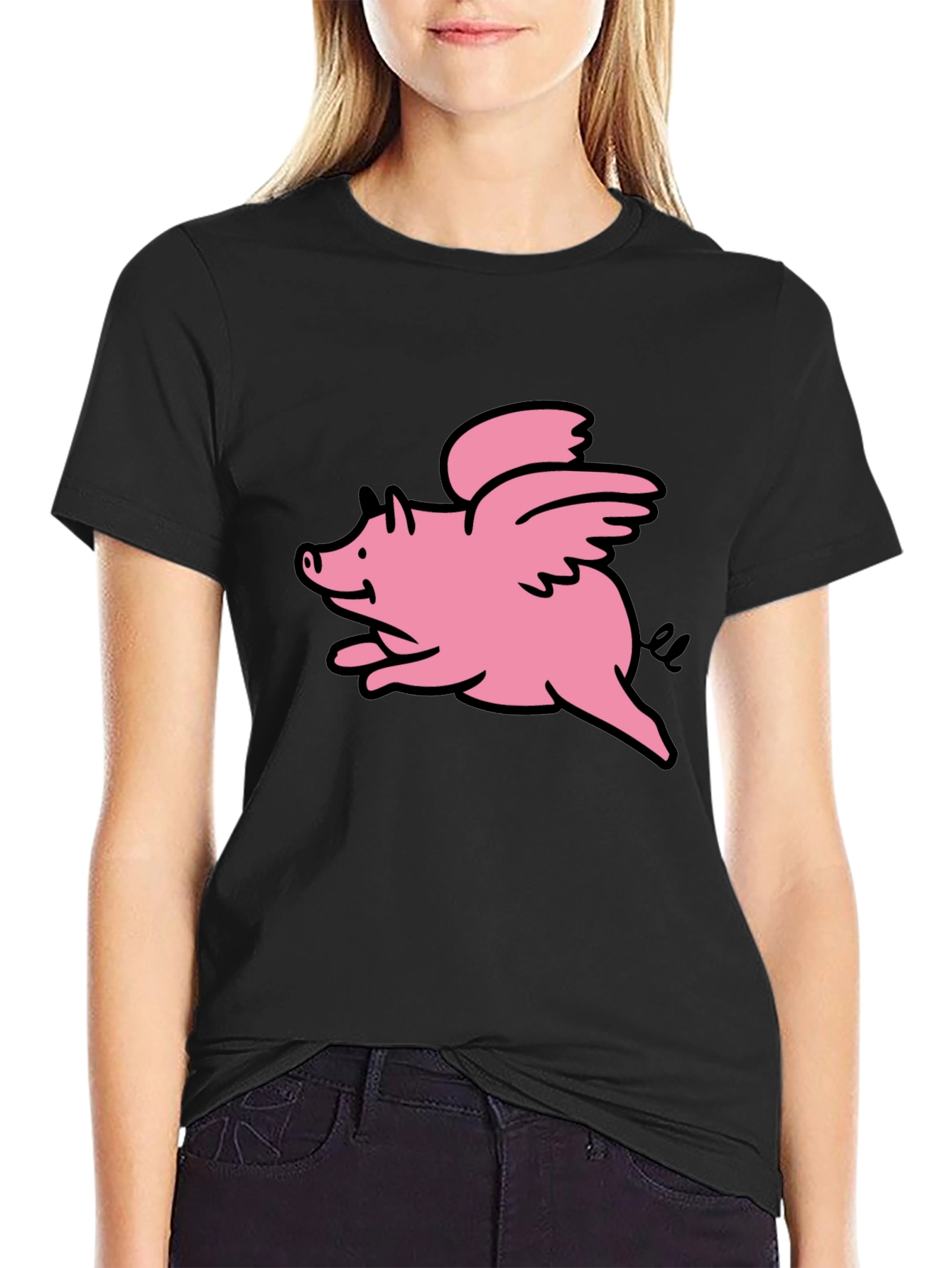 Flying Pig Graphic Tee - Black Cotton T-Shirt