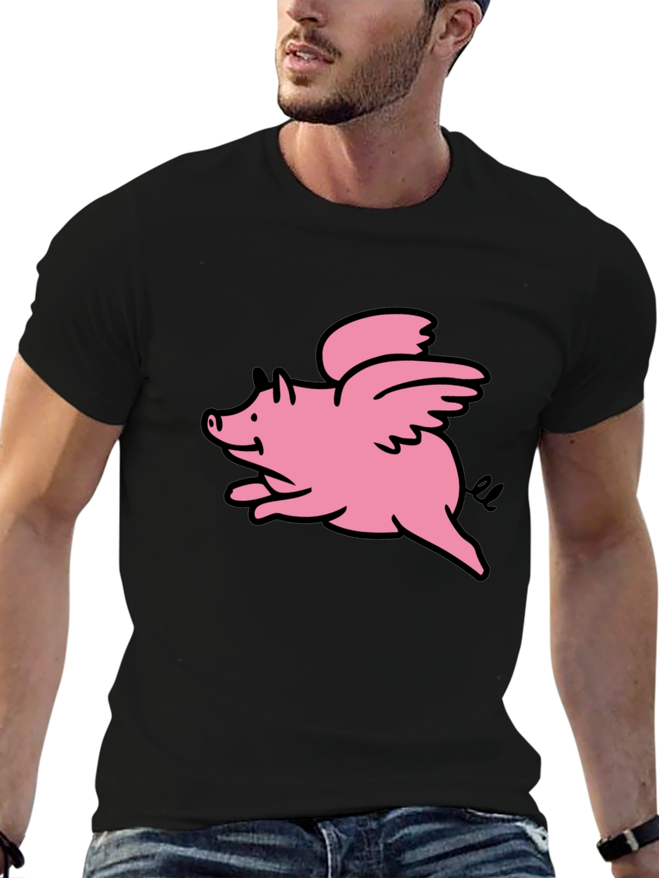 Flying Pig Graphic Tee - Black Cotton T-Shirt