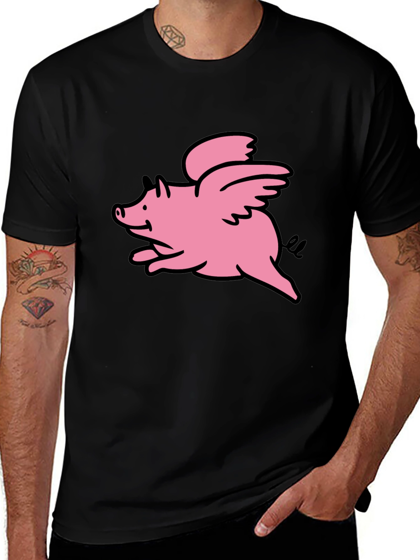 Flying Pig Graphic Tee - Black Cotton T-Shirt
