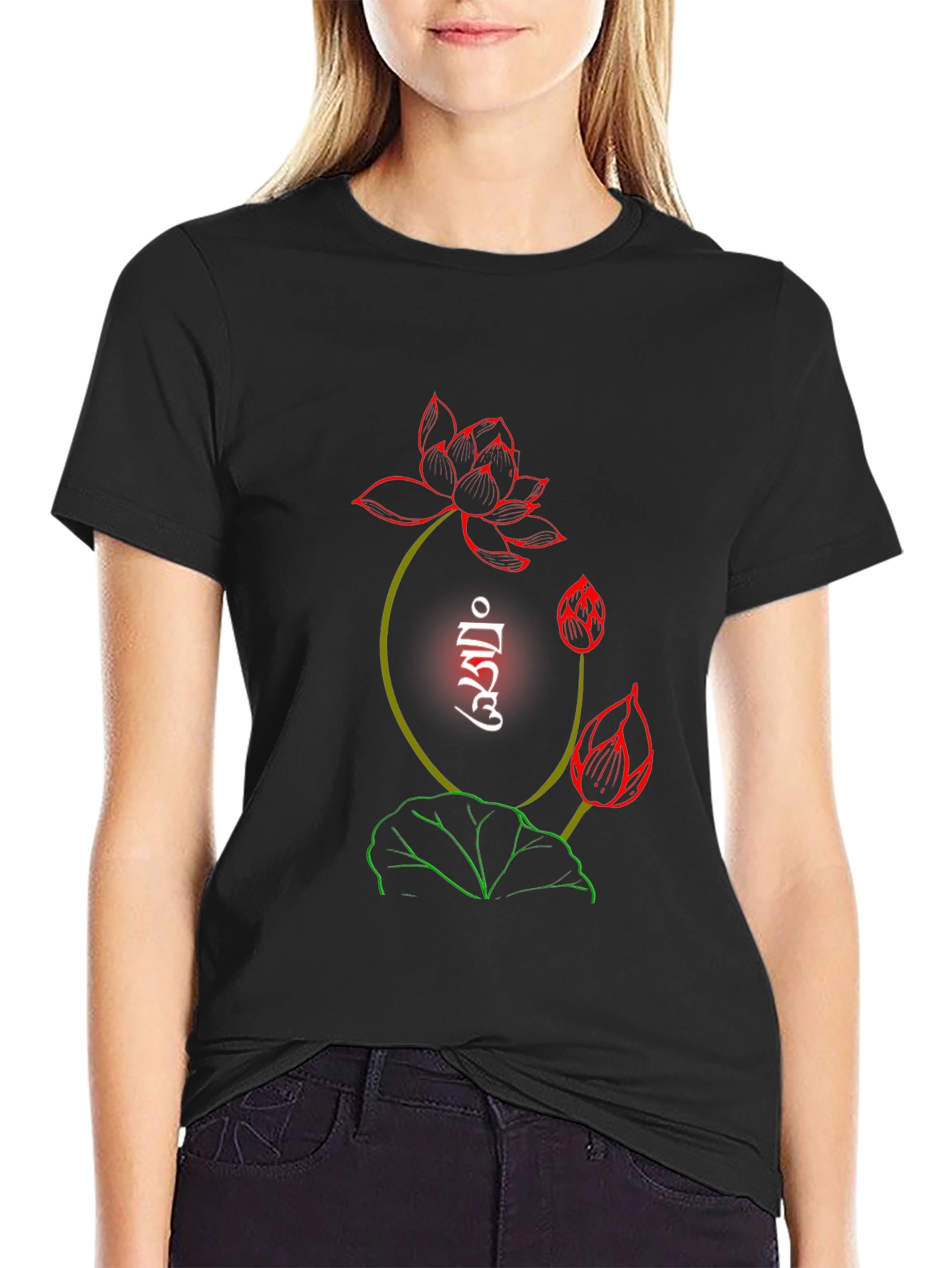 Lotus Flower Graphic Print Black T-Shirt