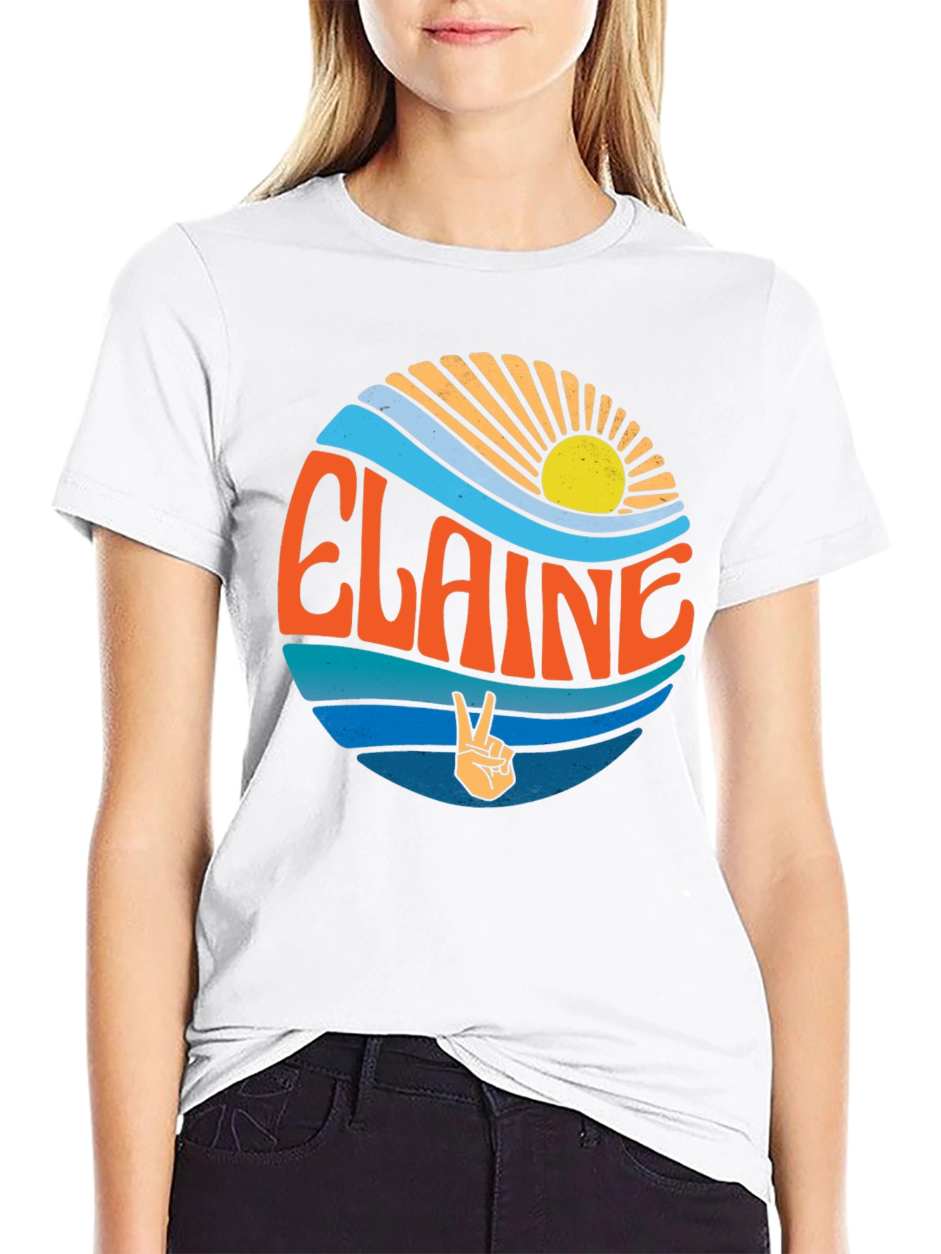 Elaine Retro T-Shirt - Peace Sign & Sunset Design