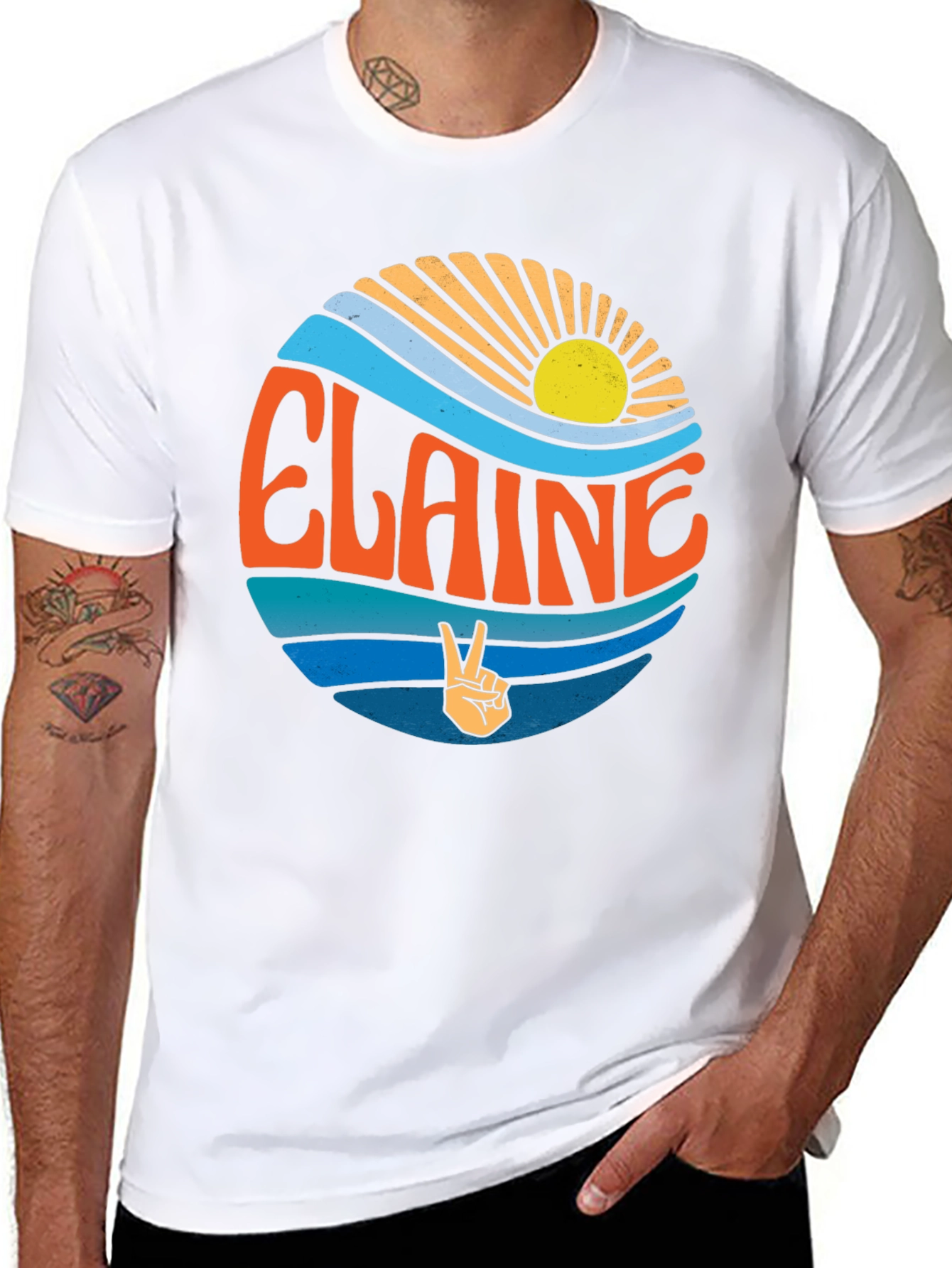 Elaine Retro T-Shirt - Peace Sign & Sunset Design