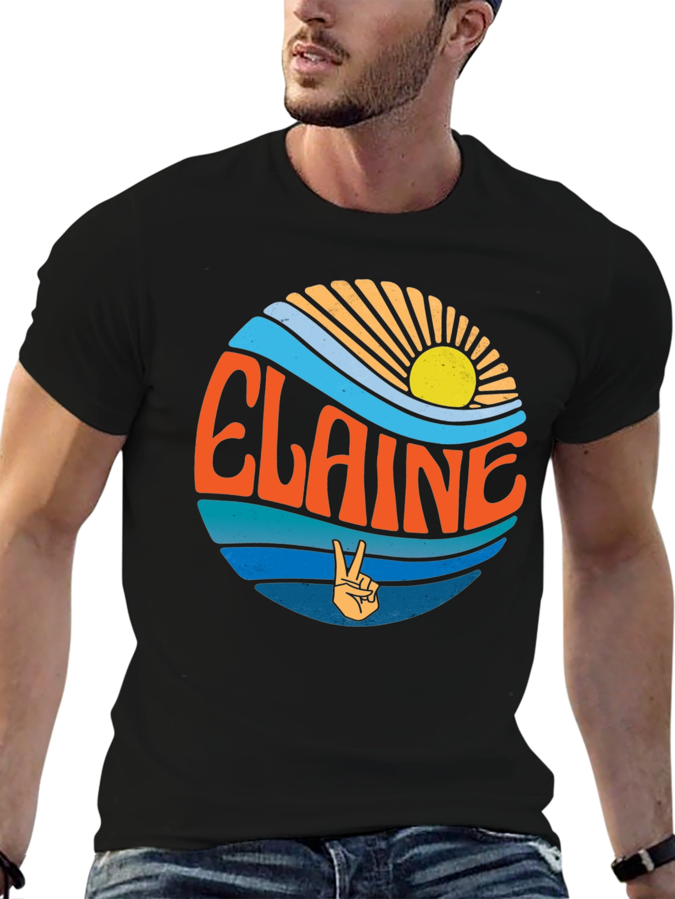 Elaine Retro T-Shirt - Peace Sign & Sunset Design