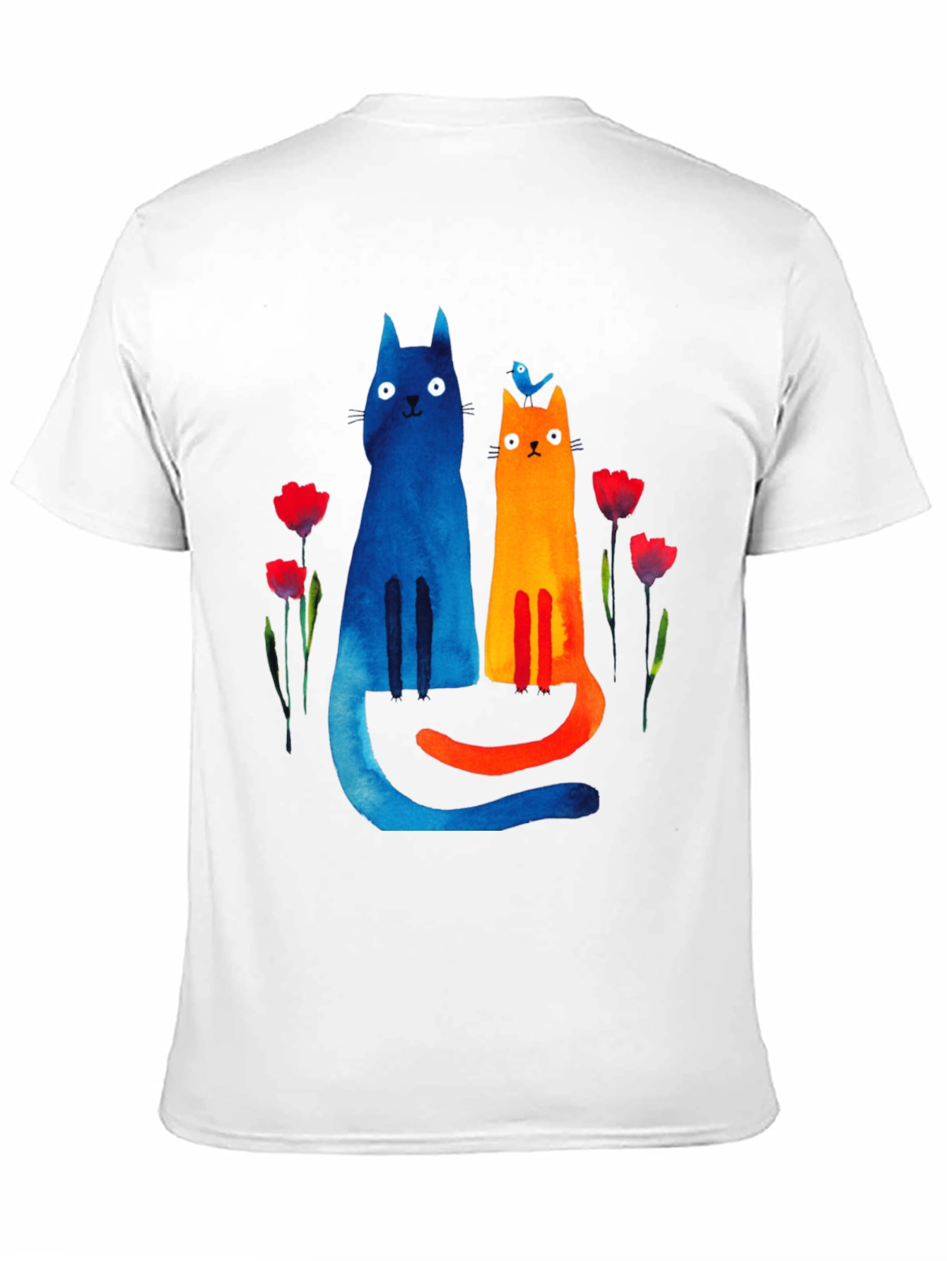 Whimsical Cat & Bird Graphic Tee