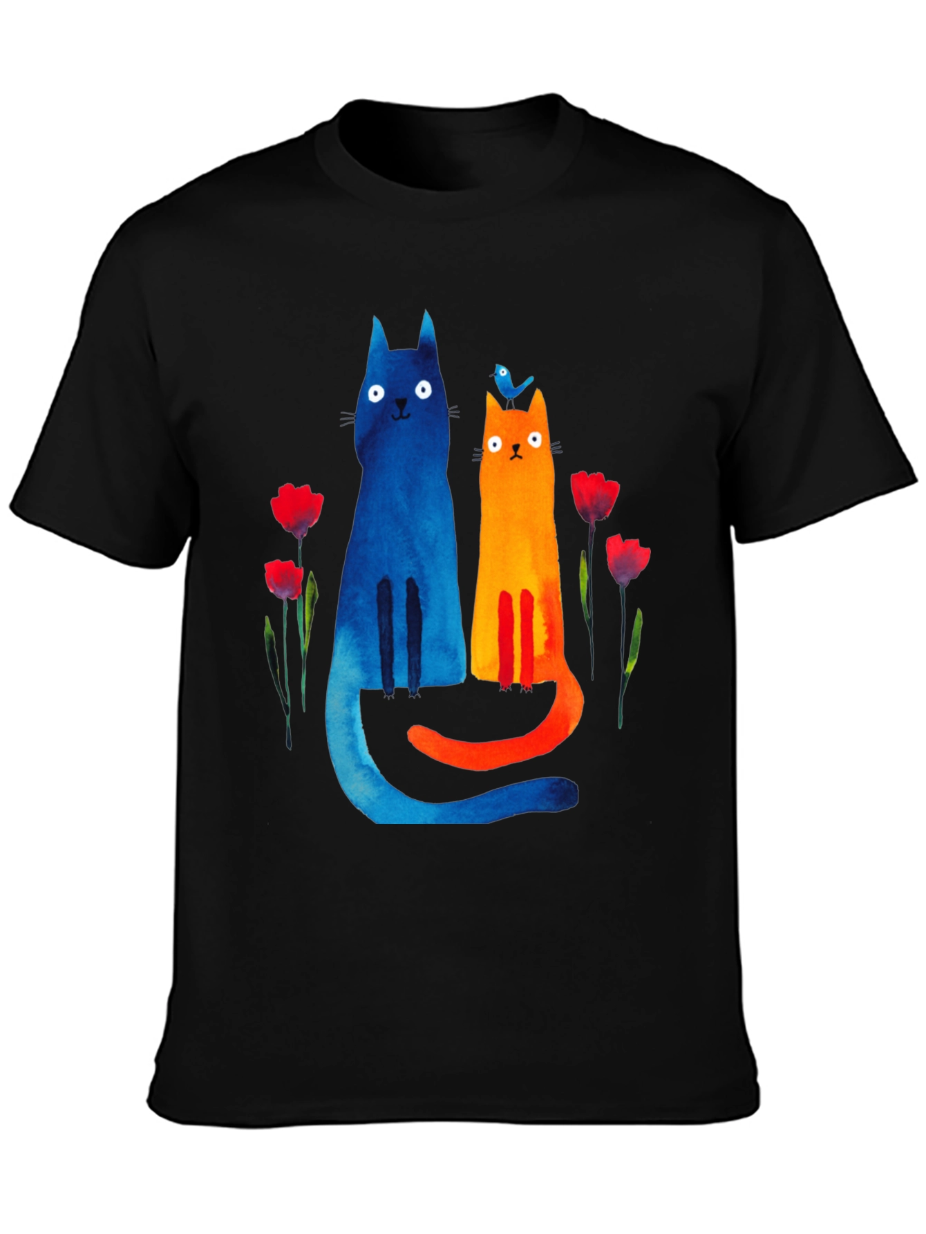 Whimsical Cat & Bird Graphic Tee