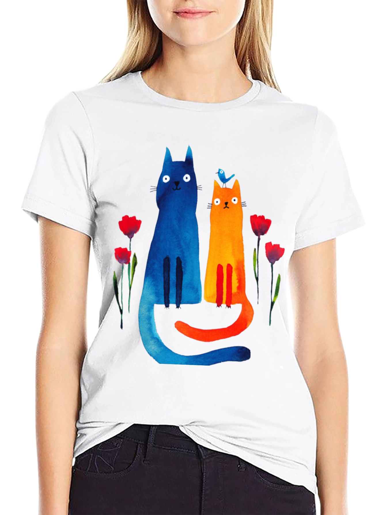 Whimsical Cat & Bird Graphic Tee