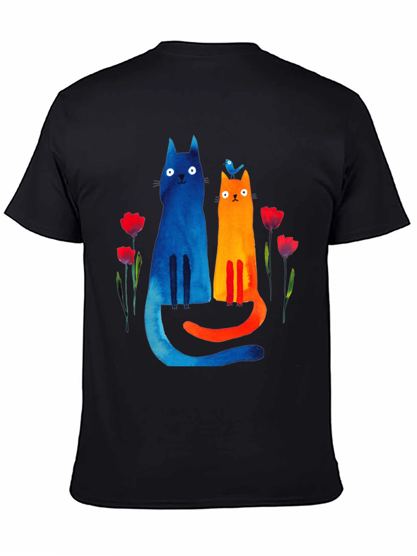 Whimsical Cat & Bird Graphic Tee