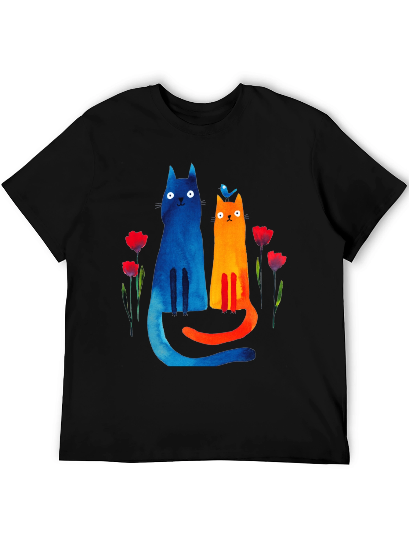 Whimsical Cat & Bird Graphic Tee