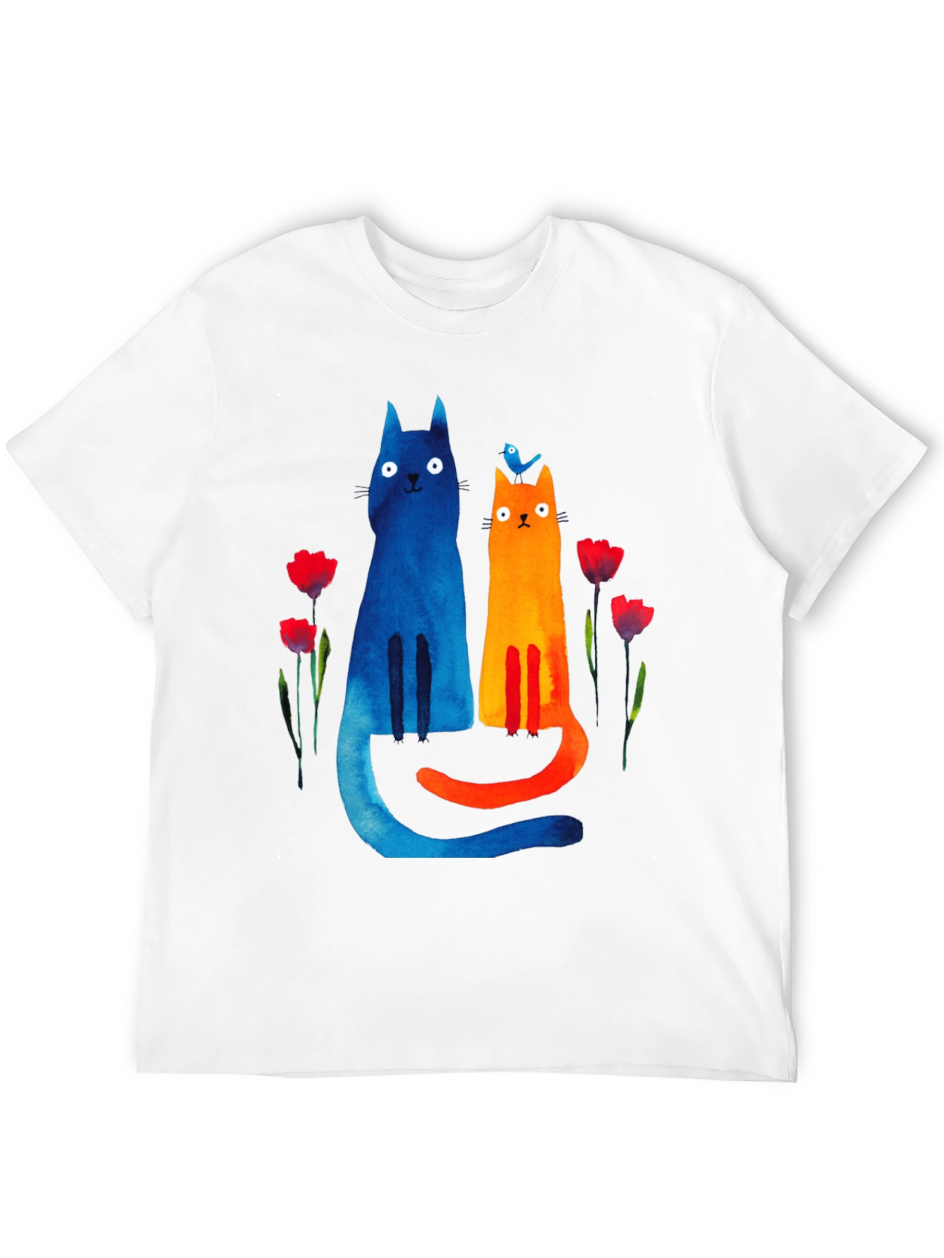 Whimsical Cat & Bird Graphic Tee