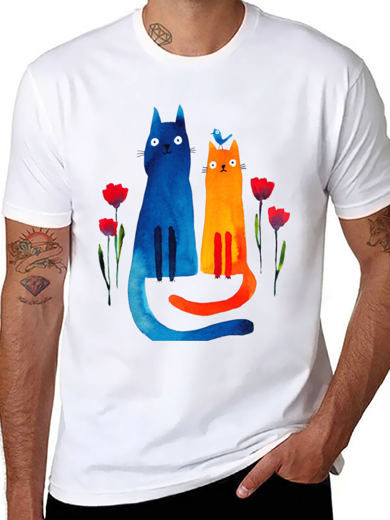 Whimsical Cat & Bird Graphic Tee